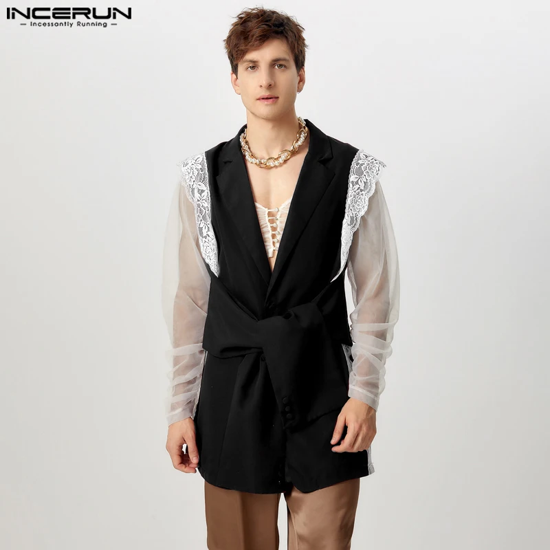 INCERUN Men Causal Sleeveless Blazer 2024 Lace Splicing Fashion Suits Handsome Elegant Lapel Collar Simple Commuting Jackets