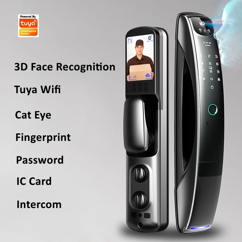 

Tuya Wifi 3D Face Recognition Video Intercom Auto Monitoring Camera Fingerprint Password Anti-theft Digital Electronic Door Lock