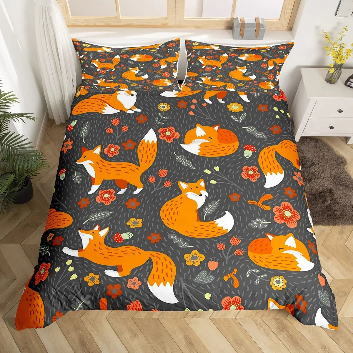 

Furry Fox Duvet Cover Set Wild Animal Cold Winter Print, Decorative 3 Piece Bedding Set with 2 Pillow Shams,Full Queen King Size