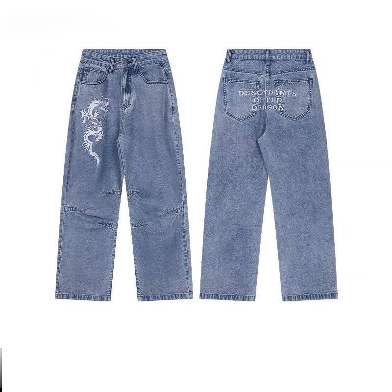 Amerikaanse Retro Jeans Met Gepersonaliseerde Drakenpatroon Wijde Pijpen Casual Mode Hiphop High Street Gepersonaliseerde Rechte Broek