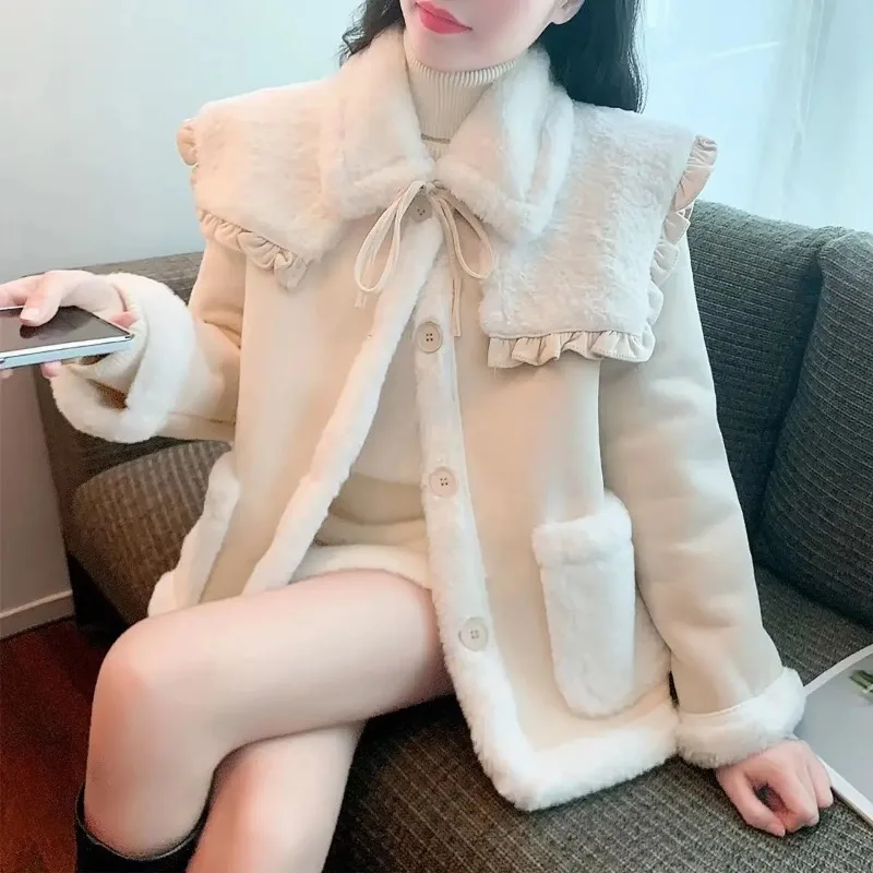 Women Integration of Fur Office Lady Jackets Winter Women's Single Breasted Outerwear Lamb Wool Warm Thicken Vintage Coat N121