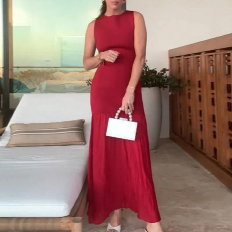 Women Summer Elegant Slim Boho Maxi Dress Fashion O-neck Sleeveless Tank Long Dress Spring Solid Patchwork Knitted Pleated Dress