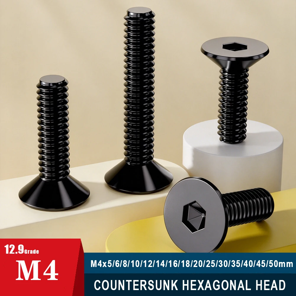 20/30/50Pcs Grade12.9 Allen Hexagon Socket Screw M4*5/6/8/10/12/14/16/18/20/25/30/35/40/45/50 Black Hex Socket Countersunk Scre