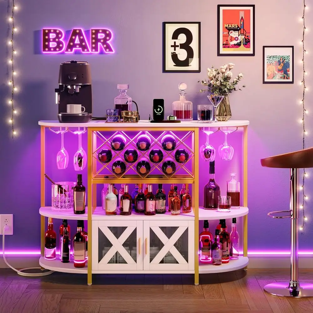 Illuminated Bar Cabinet with 4-Tier Storage, Outlets, Wine Rack, and Glass Holders in Gold