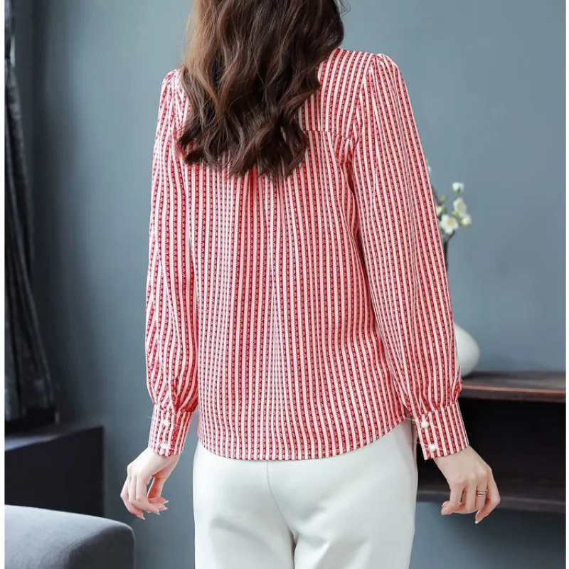 Spring and Autumn Women's Pullover Scarf Collar Striped Print Long Sleeve V-Neck Chiffon Tee T-shirt Underlay Fashion Tops