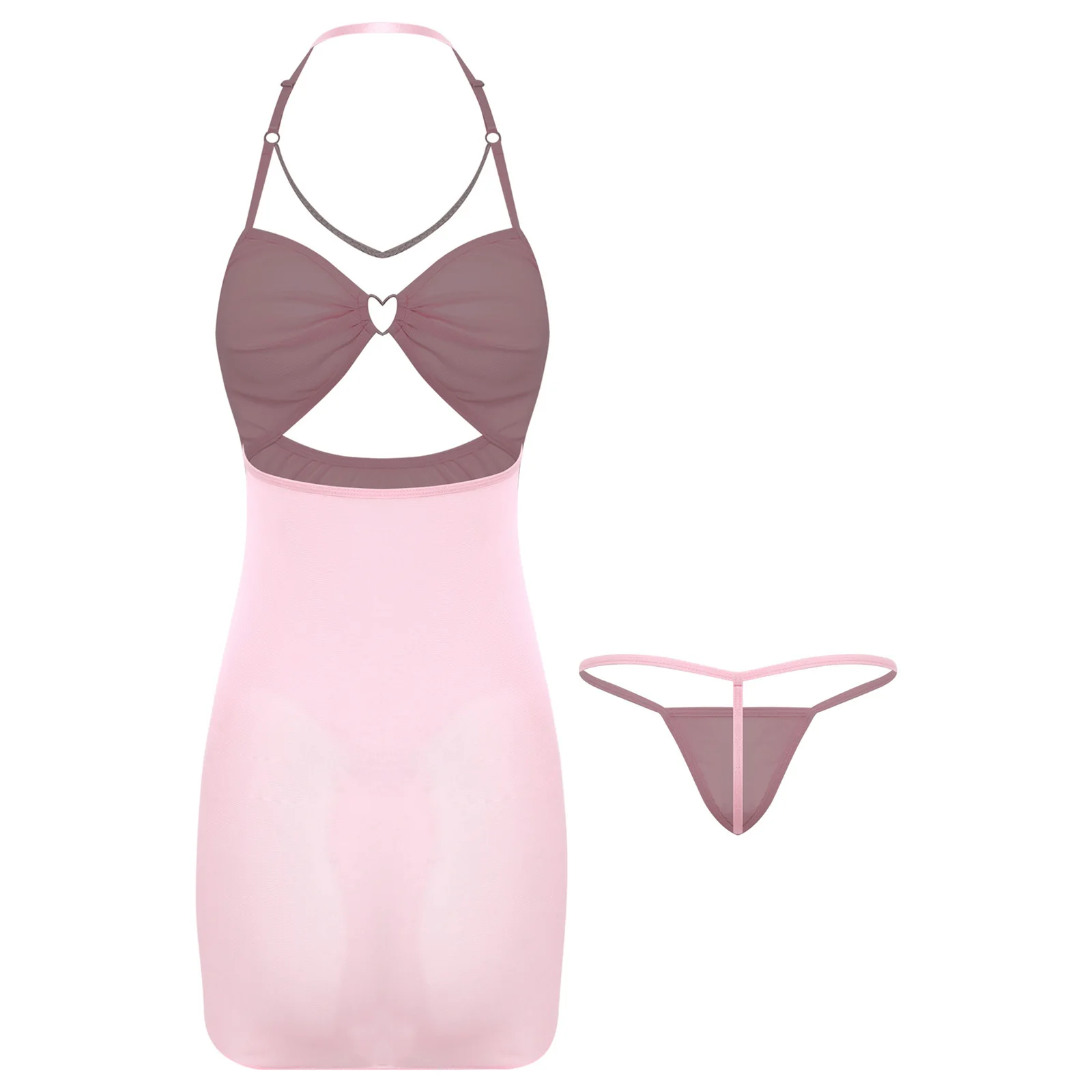Dames pure mesh mini-jurk met T-back string hartvormige ring halter backless cover-up jurk en slips badpak strandkleding