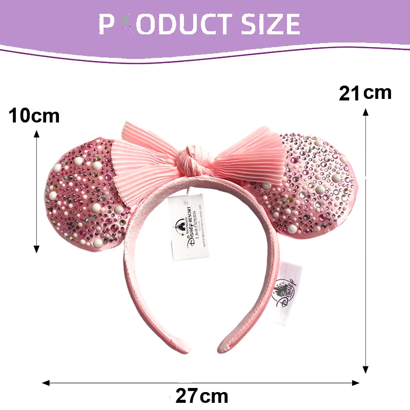 Disney Pink Mickey Mouse Headband Unique Diamond Pearls For Adults Pleated Bow Headband Minnie Park Accessories Headwear