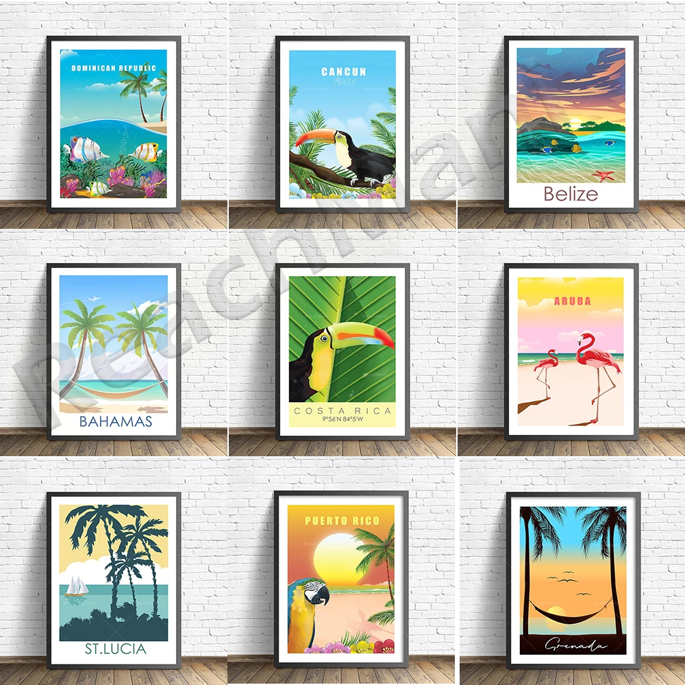 Saint Lucia, Aruba, Mexico, Grenada, Belize Barrier Reef, Costa Rica, Barbados, El Salvador, Caribbean Tropical Travel Poster