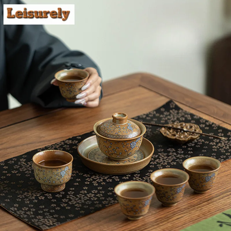 

Синий и белый переплетенный лотос, дорожный чайный сервиз, дизайнерский набор фресок Dunhuang, набор чашек, портативный керамический набор для кемпинга, кунг-фу, подарок