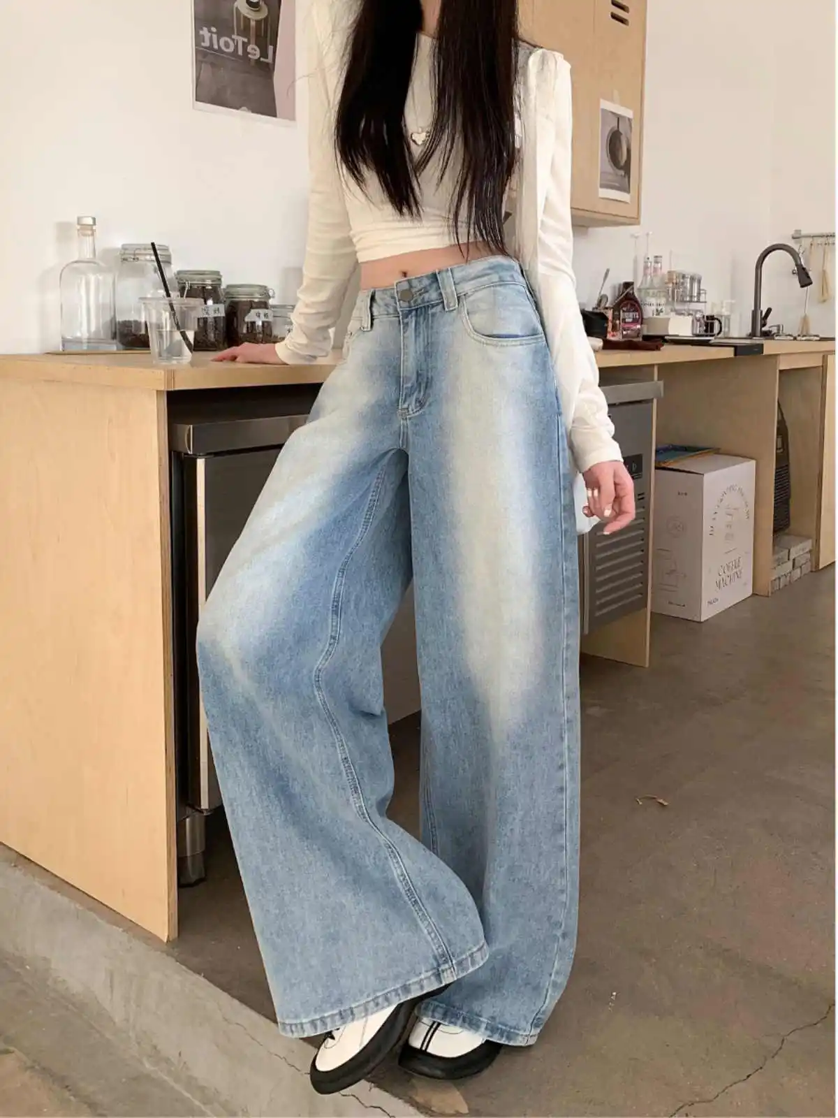 

Blue Jeans for Women High Waist American Wide Leg Pants Y2K Vintage Straight Baggy Denim Trousers 2024 Spring Oversize Pants