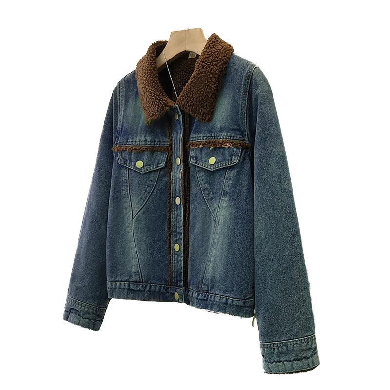 

Denim Coat Women Winter Thick Jackets Single Breasted Turn Down Collar Pockets Jacket Y2k Distressed Streetwear Outerwear 2025