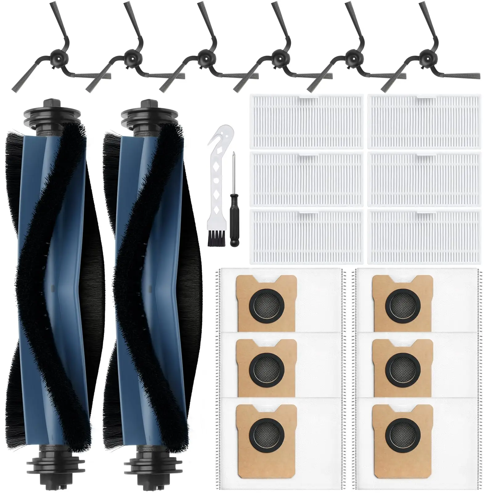 

22Pcs Eufy C10 Replacement Kit: 2 Roller Brushes, 6 Hepa Filters, 6 Side Brushes, 6 Dust Bags, Clean Tool + Screwdriver
