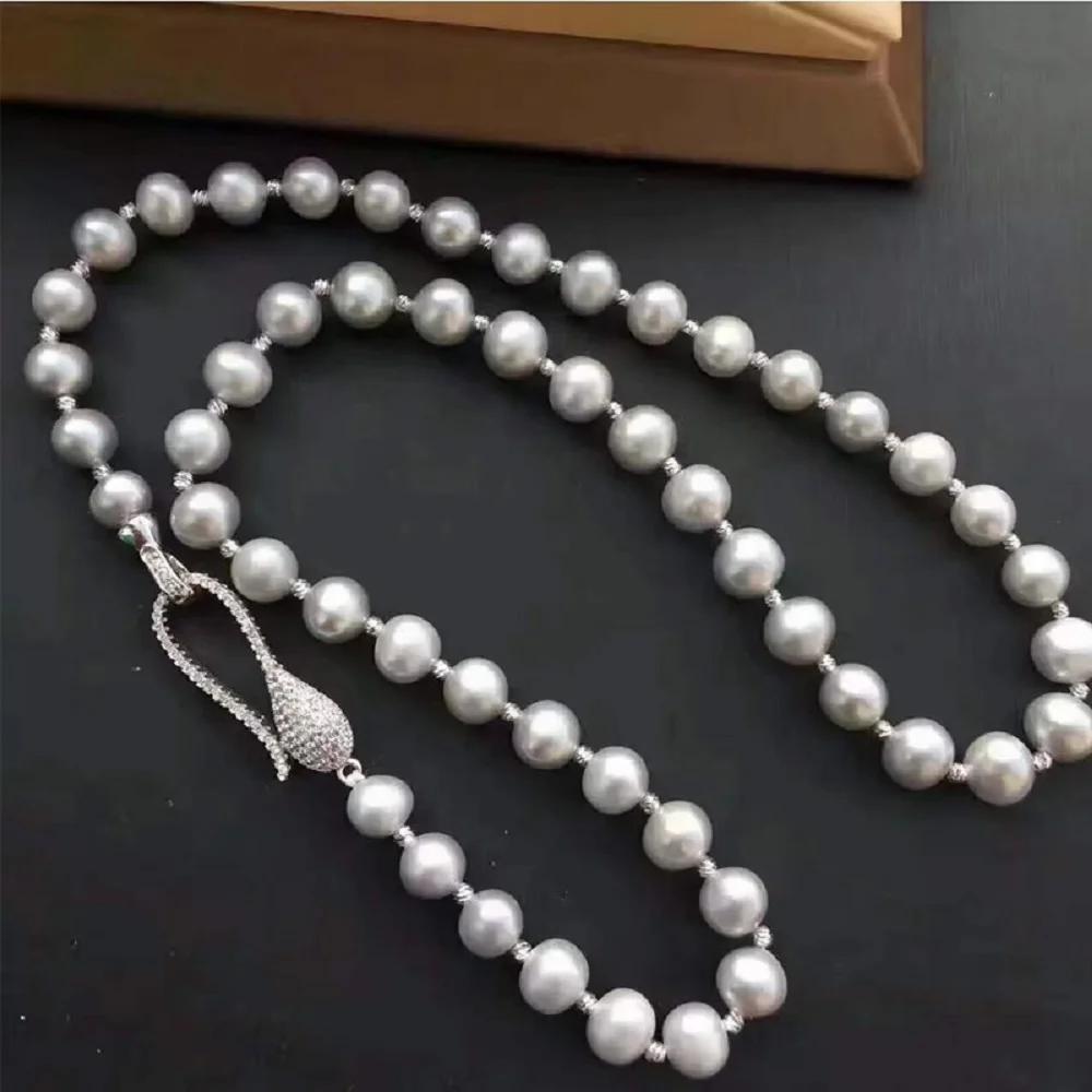

Ожерелье из серебра 925 пробы высокого класса с инкрустацией цирконом AAA9-10 мм, ожерелье из натурального серого жемчуга Южного моря, 18 дюймов