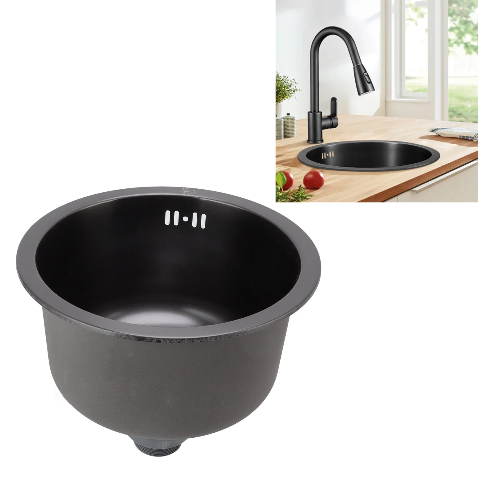 

Single Sink Black Diamond Sink Round Basin with Undermount Assembly for Kitchen Bar, Brushed 3030 Nano