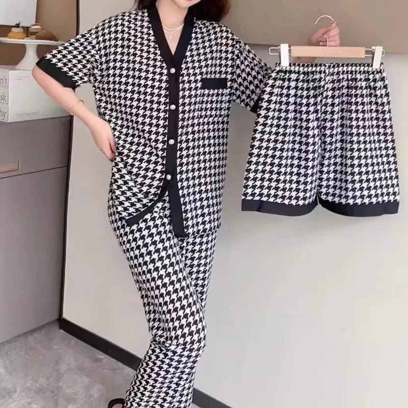 Pajamas Three-Piece Spring and Summer Loose Cardigan Cute Sweet Homewear Casual and Comfortable Thousand Birds Black Pajama Set