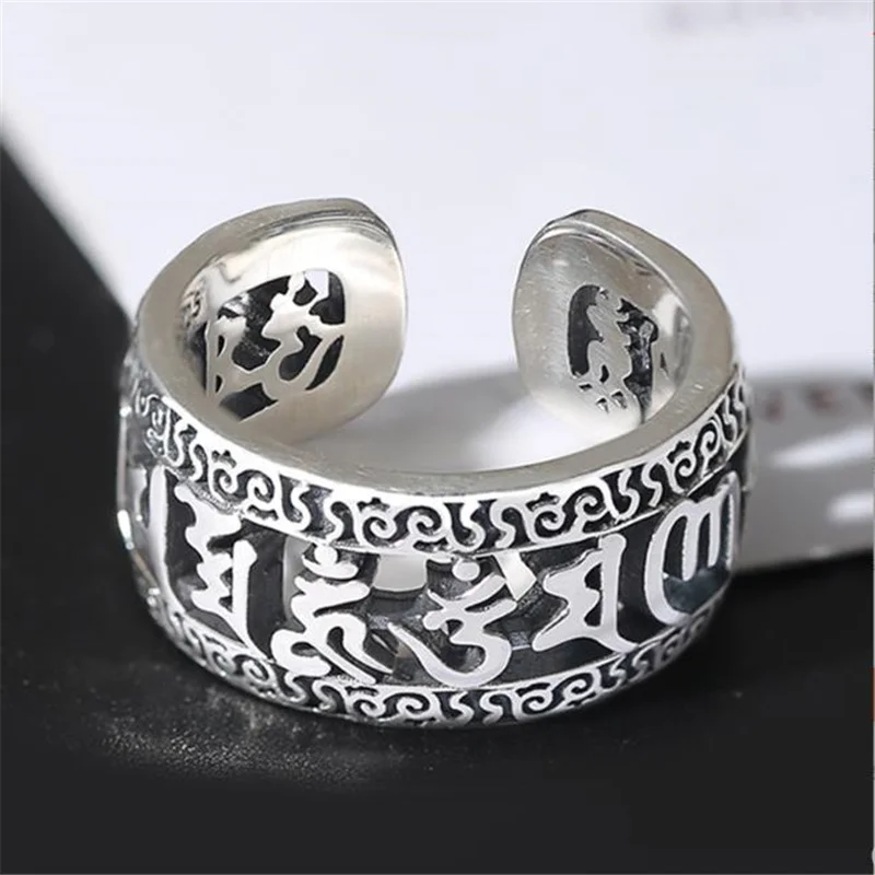 Vintage Buddhist Pray Blessings Ring For Men 925 Silver Jewelry Ethnic Hollow Words Sutra Ring Male Finger Accessories Gift