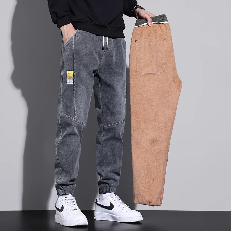 

Мужские зимние утепленные джинсы Harlan на флисовой подкладке, длинные брюки с высокой талией, молодежные модные джинсы прямого кроя, удлиняющие ноги