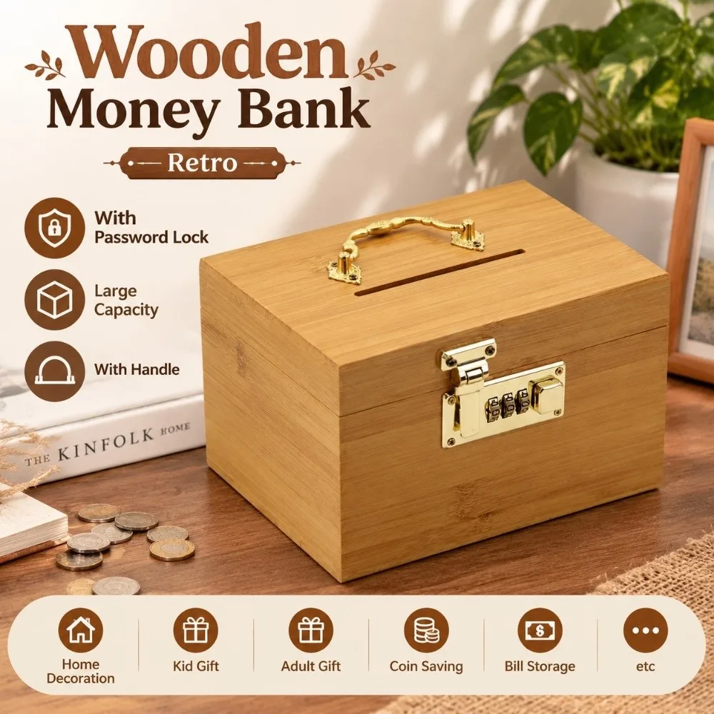 Retro Wooden Money Bank With Password Lock Large Capacity Piggy Bank With Handle Three-digit Password Treasure Storage Box