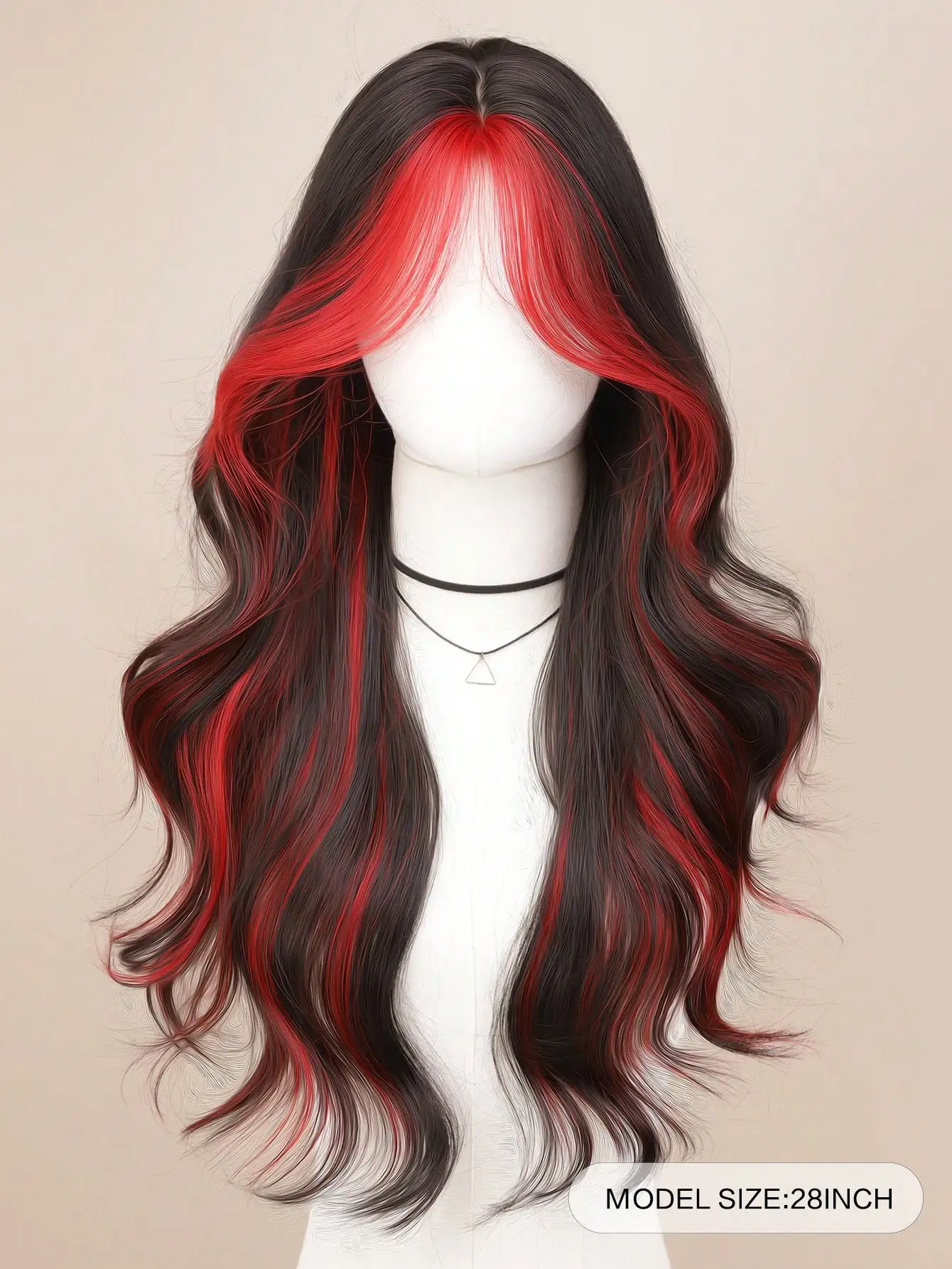 Ashely 28Inch Wavy Lace Front Wig Women Black with Red Highlights Heat-Resistant Synthetic Wig for Daily Party Christmas Cosplay