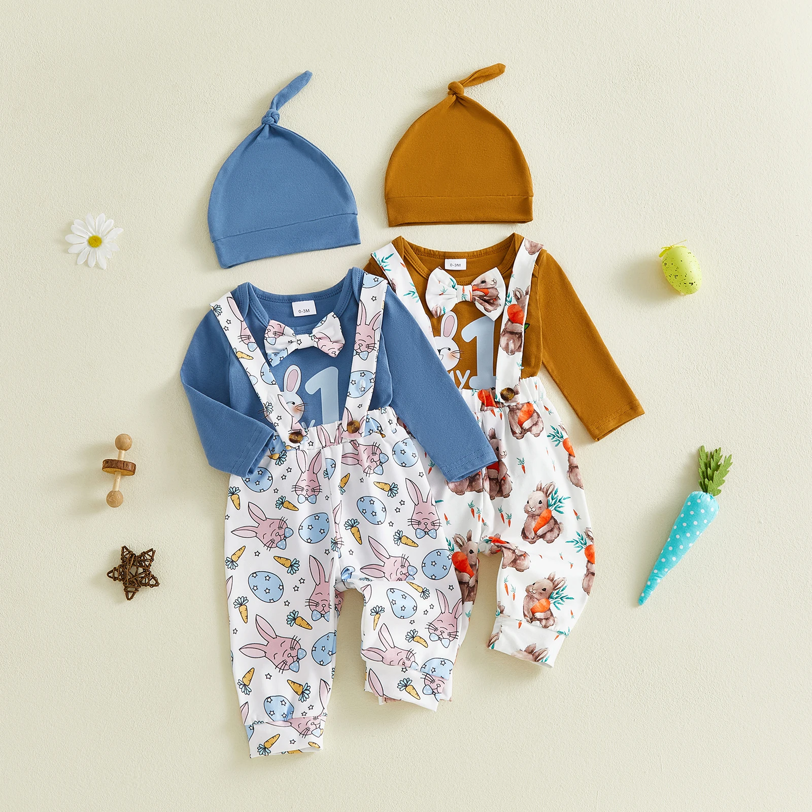 3Pcs Infant Boy Easter Outfit Crew Neck Long Sleeve Bunny Print Bowtie Decor Romper Suspender Pants Hat Set Costume