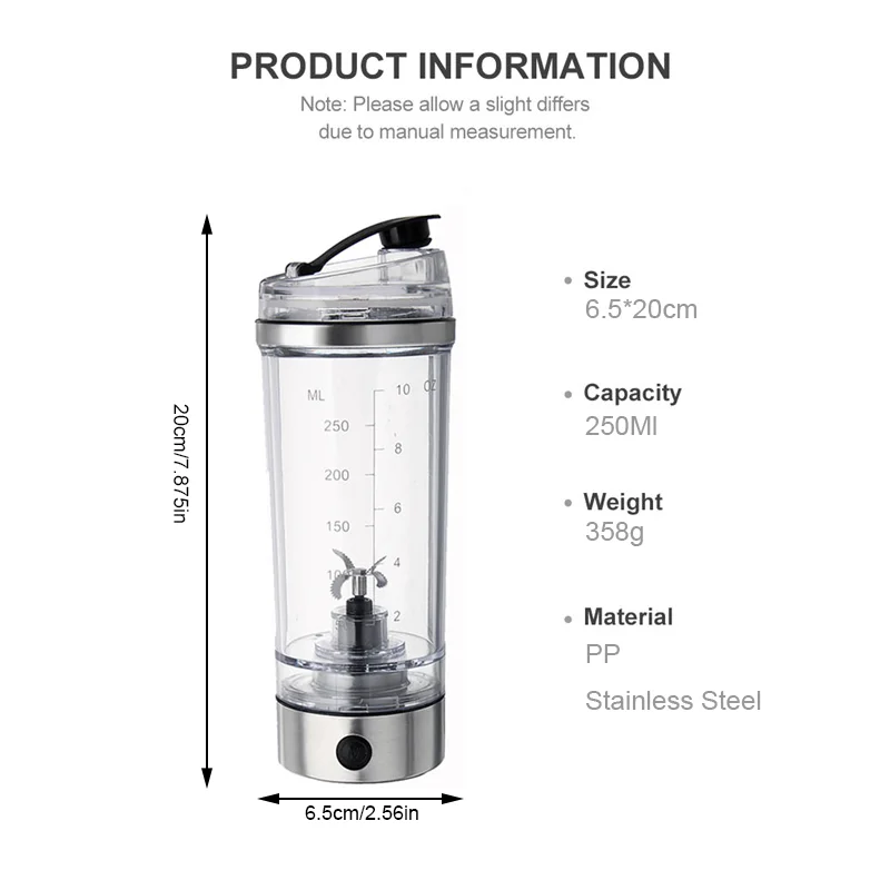 YMEEI 250ML USB Shaker Bottle Electric Protein Shaker Bottle Stirrer Large Horsepower Blender Juice Milkshake Coffee Mixing Cup