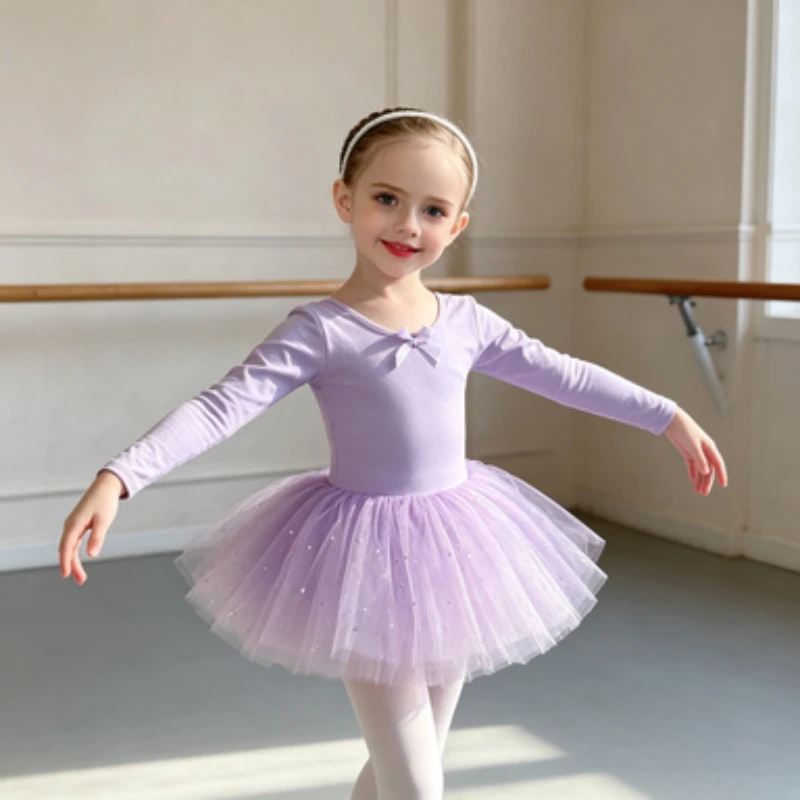 

Long-sleeve Dance Costume with Snap Crotch Design for Kids, Sequin Long-sleeve One-piece Ballet Dress, Ballet Training Outfit