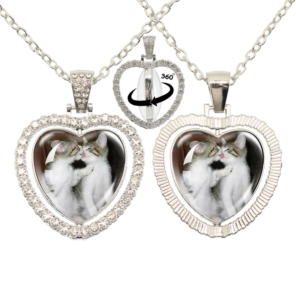 Lovely Little Cat Glass Cabochon 360 Degree Rotating Heart Shaped Pendant With Double-Sided Necklace For Girls\' Birthday Gift Je