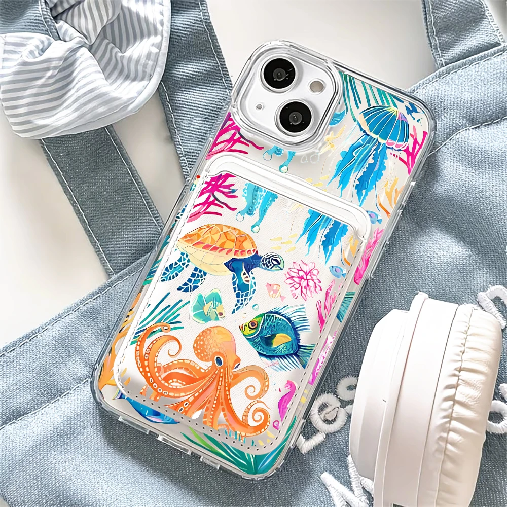 For Magsafe Wallet Magnetic Card Holder Phone Case For iPhone 17 16 13 15 12 14 Pro Max Plus Air 16E INS Marine Animals  Cover - view 2
