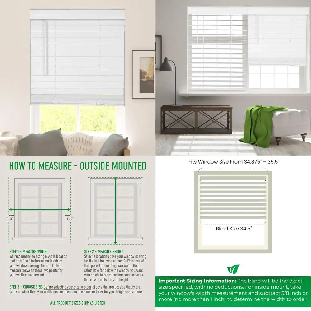 

Cordless 2 Slat Faux Wood Blinds, 34.5x60, Classic Valance, White, Room Darkening for Home Windows