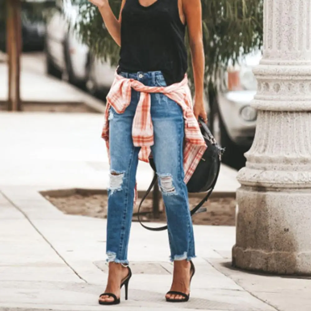 

Джинсовые брюки на пуговицах Женские джинсовые брюки в стиле ретро с карманами и рваными дырками на пуговицах Узкие длинные уличные джинсы с для A