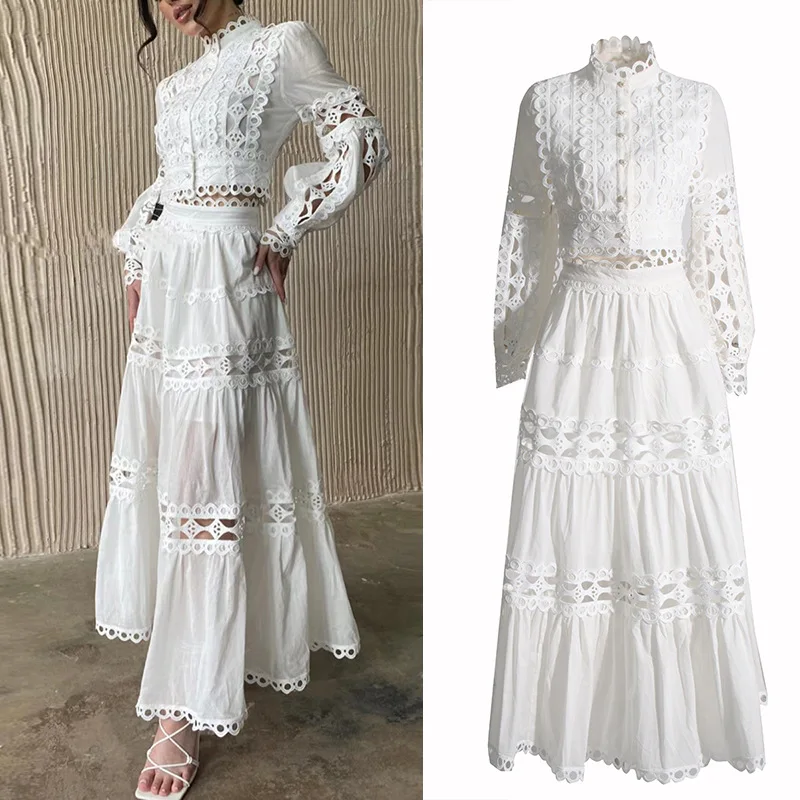 White Lace Prom Dress 2 Pieces Full Sleeves Shirt Sexy Formal Long Evening Party Gown A Line High Neck Robes