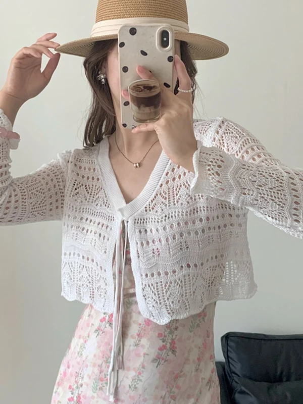 Women's Knitted Open Cardigan UV Protection Hollow out Lightweight V-Neck Rope Drawstring Air Conditioning Outerwear Shawl