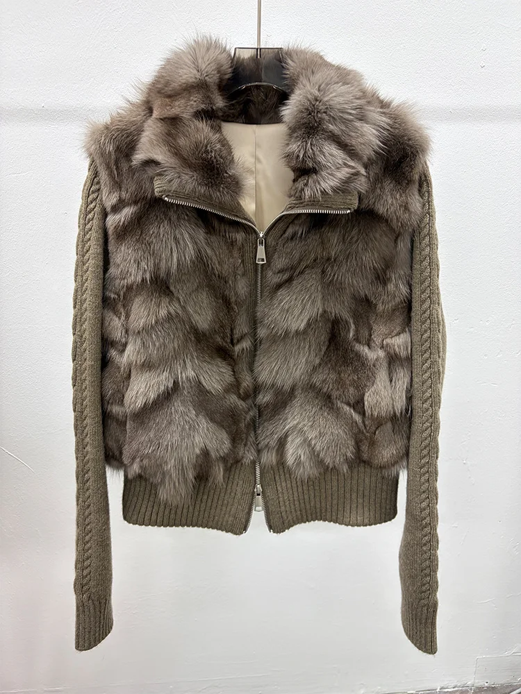 2026 Women Real Fox Fur Jacket Detachable Knit Sleeves Convertible Vest Winter Warm Fur Coat