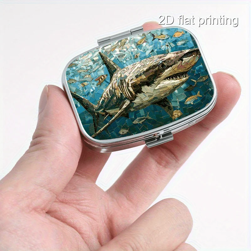 Square Small Box with Random Shark Pattern Print, 2-Compartment Metal Box, Portable Small Box with Compartments, Portable Small Box for Wallets or Money, Decorative Metal Small Vitamin Storage Box, Suitable for Travel, Camping, Unique Gift