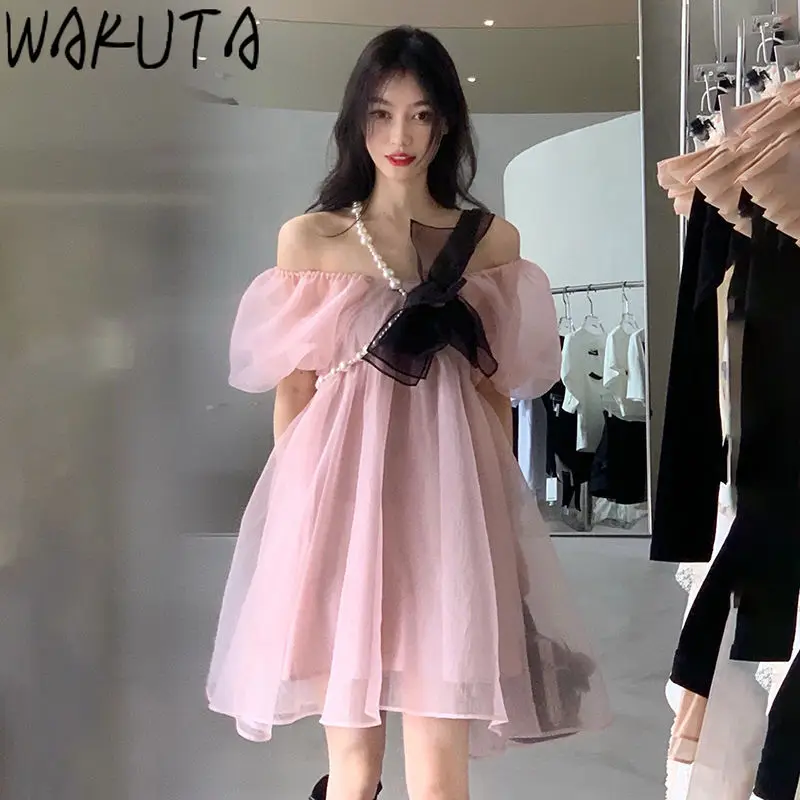 WAKUTA Sweet Mesh Dress Romance Princess Clothing Summer 2024 Slash Neck Off Shoulder Bow Pink Apricot Mini Dresses Korean New