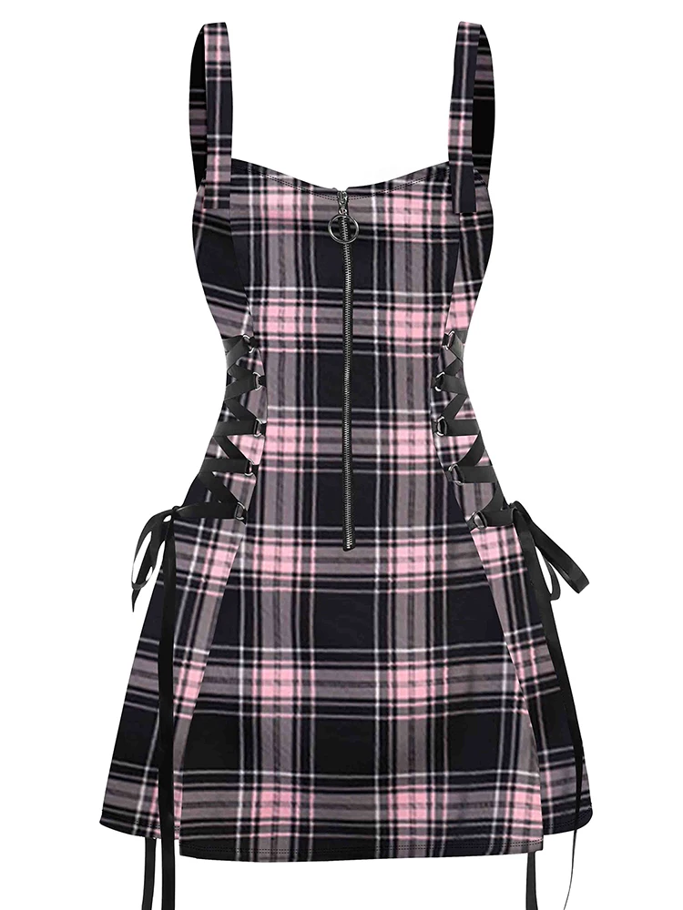 2024 New Womens Mini Dresses Retro Plaid Print Lace Up Dress O Ring Half Zipper Adjustable Buckle Strap Sleeveless Dress