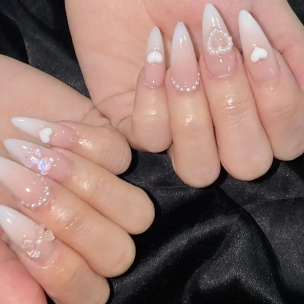 

24pcs Long Almond False Nails French Pearl Love Heart Bow Press on Nails Fake Nails DIY Manicure Detachable Nail Tips
