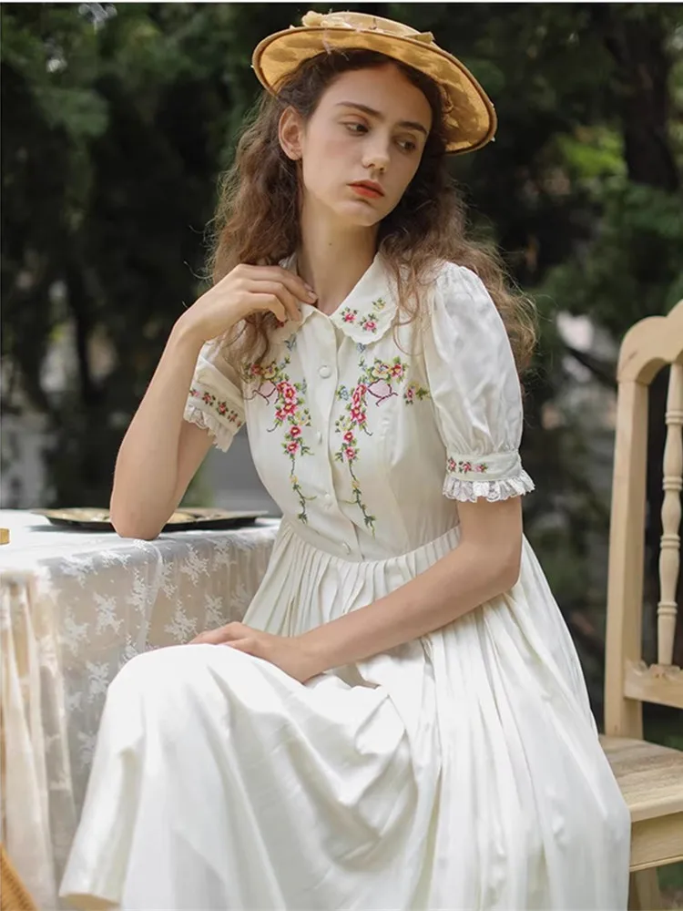 White Dress Spring Summer Women Vintage Elegant Slim Cross Stitch Embroidery Pleated Cotton Midi Dresses Woman Korean Dress