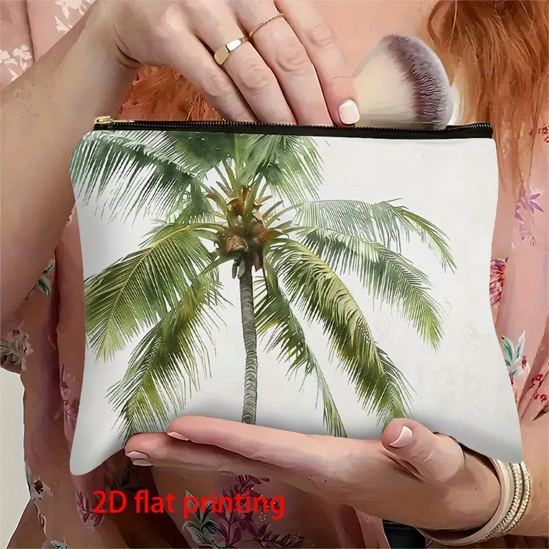 Tropical Palm Tree Design Zippered Tote with Palm Tree Print Portable Foldable Cosmetic Pouch for Travel Travel Makeup Bag