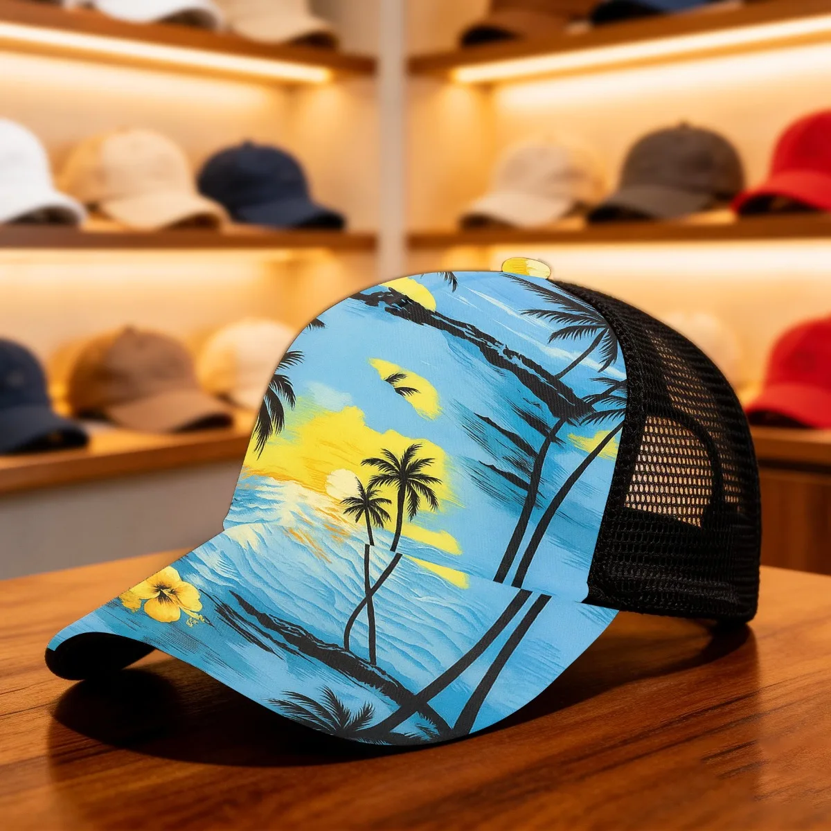 1pc Tropical Sunset Hawaiian Paradise Adjustable Snapback Cap Mesh Cap Snap Fastening Breathable Ideal for Casual Activities