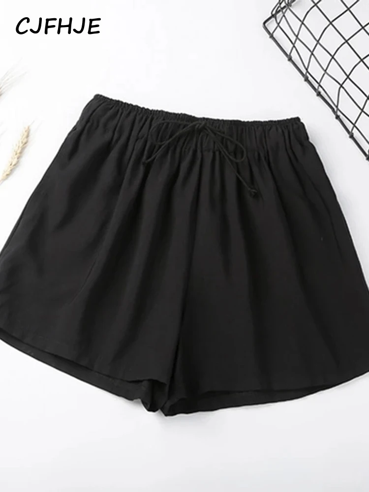 CJFHJE Summer Elastic High Waist Wide Leg Shorts Solid Color Casual Loose Cool Short Feminino Korean Drawstring Women\'s Shorts