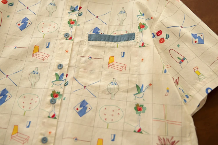 原宿系カートゥーン柄プリント100%コットンシャツ レディース モリーガール 夏 ターン ダウンカラー 半袖 カジュアルブラウス トップス