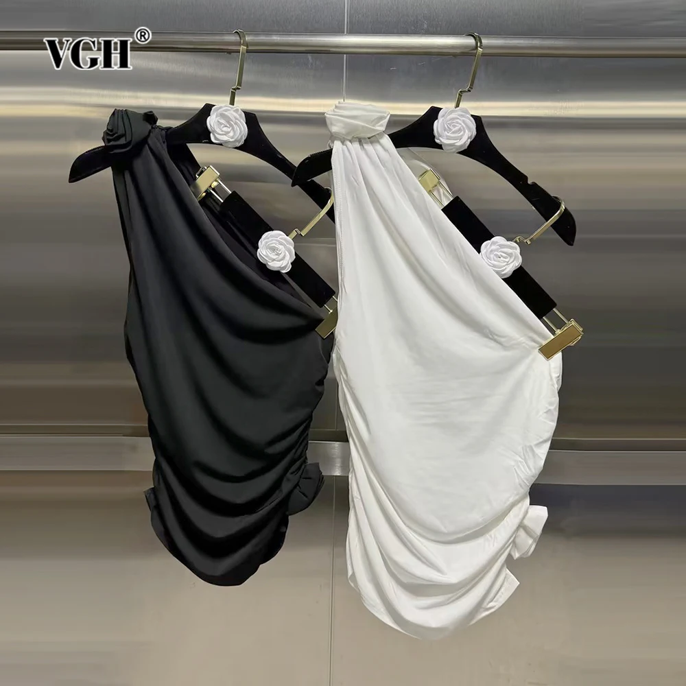 VGH Sexy Patchwork Appliques Tank Tops For Women Diagonal Collar Sleeveless Backless Spliced Folds Slimming Vests Female Style