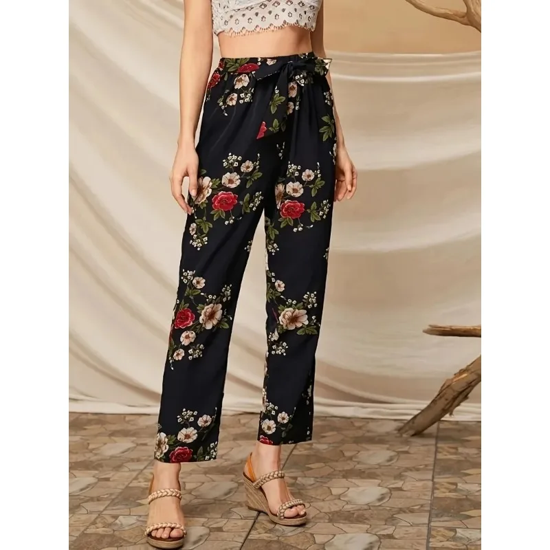 Plus Size Women\'s Elegant Floral Print Lace Up High Waisted Slimming Pants For Parties Versatile Daily Printed Wide Leg Pants