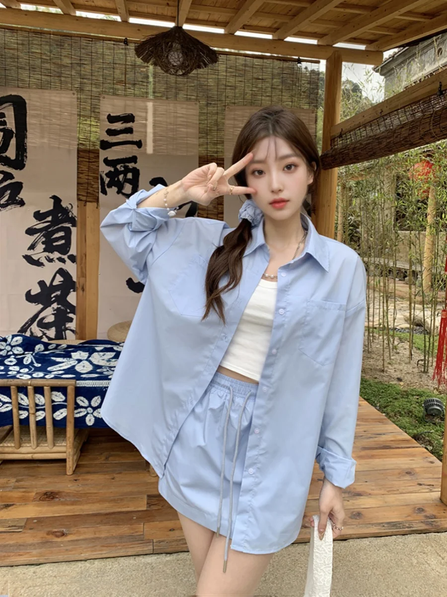 

Korean Style Casual Loose Long Sleeve Sun Protection Set Women Summer 2025 New Drawstring Half Skirt Two Piece Set