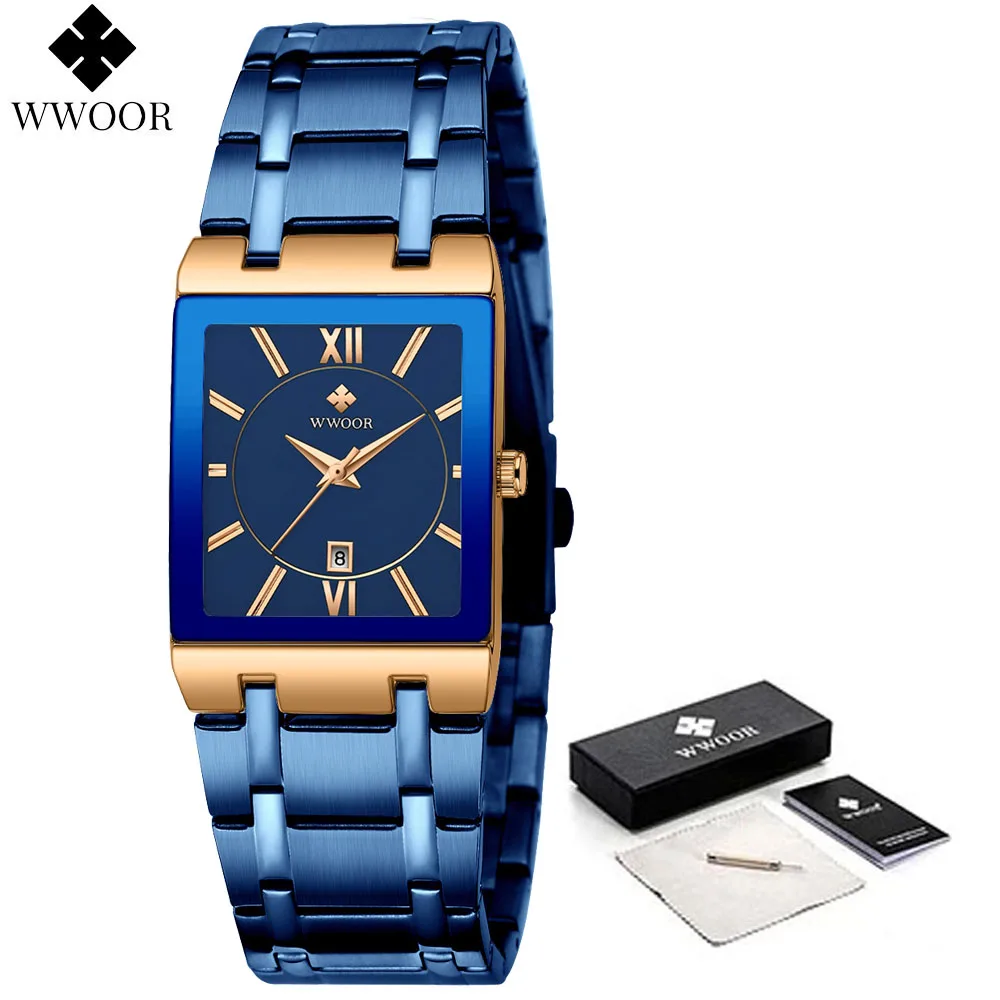 WWOOR Fashion Watches Men Top Luxury Square Blue Men\'s Wristwatch Stainless Steel Waterproof Quartz Clock Male Relogio Masculino