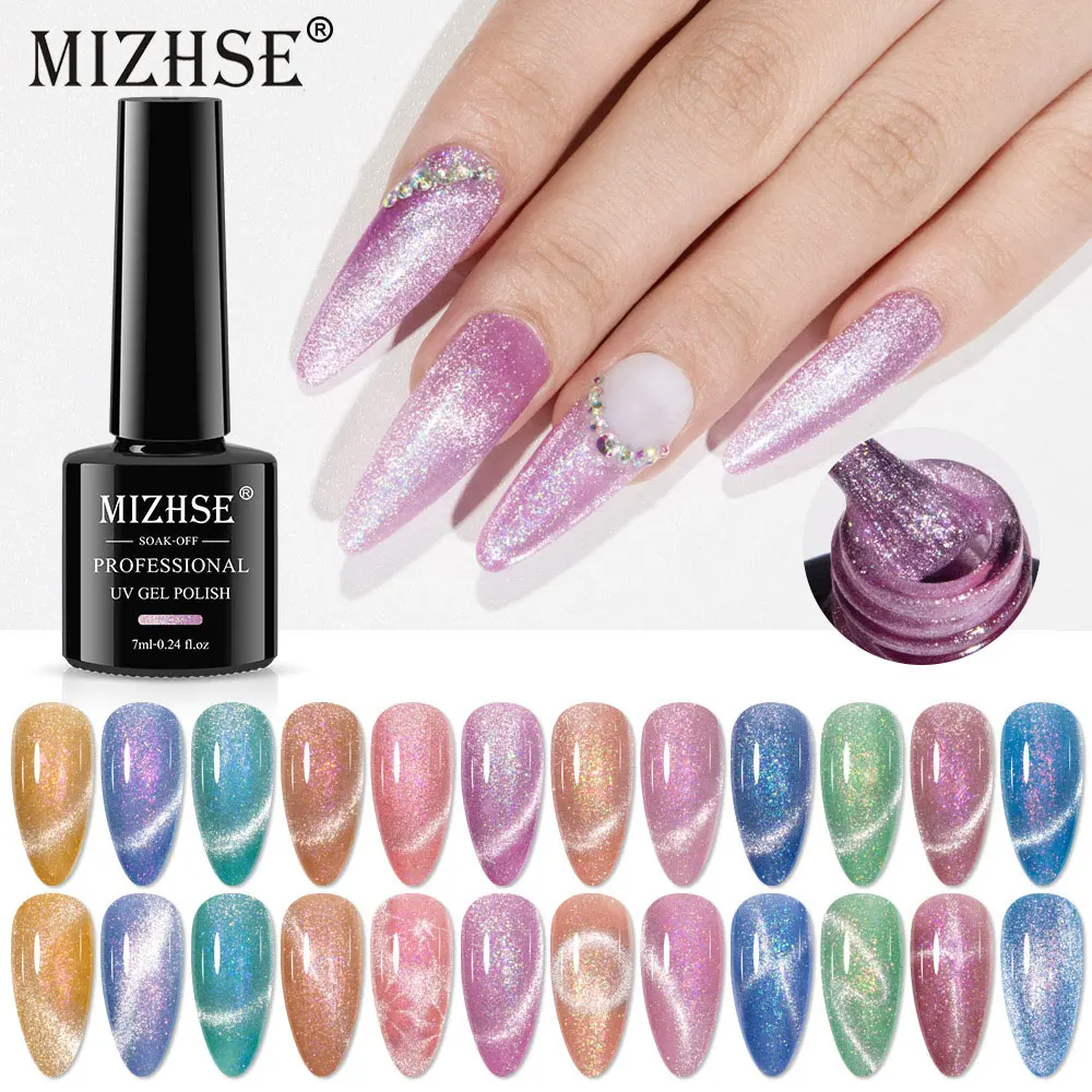 

MIZHSE 7ml Cat Magnetic Gel Nail Polish Glitter Laser Shining Cat Eye Nail Varnish Soak Off UV/LED Gel Auroras Hybrid Nail Art