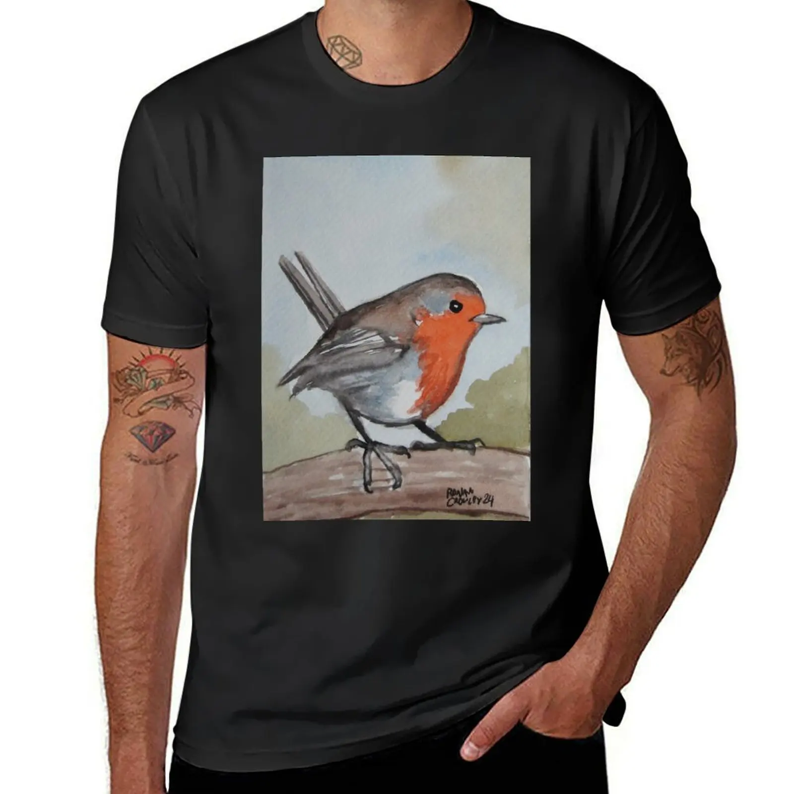 

Robin. Watercolor on 10x15cm paper. T-Shirt Short sleeve tee boys whites Aesthetic clothing t shirts men