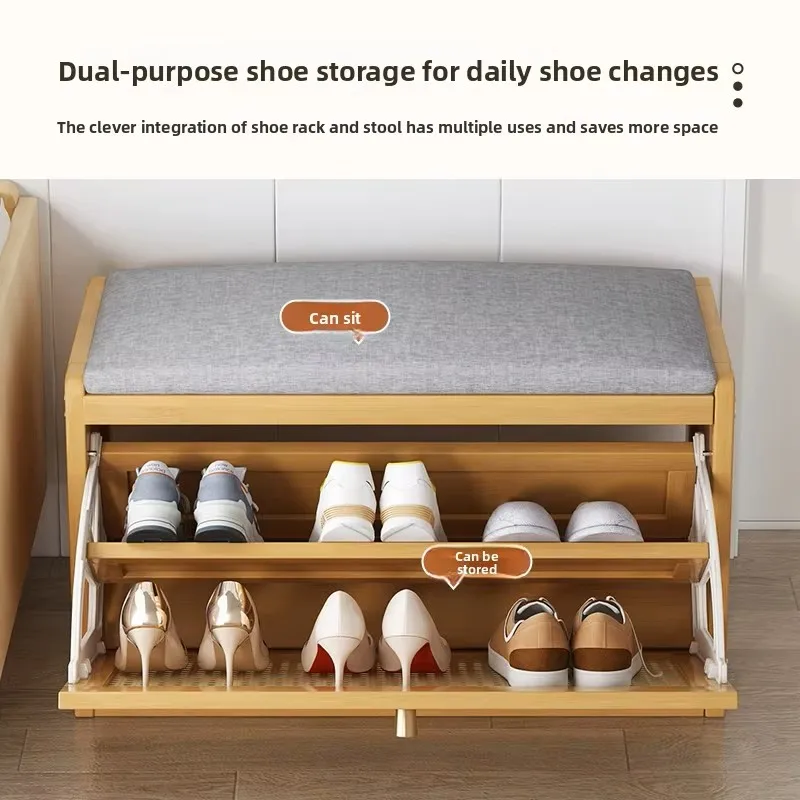 Bamboo Modern Durable Extendable Shoe-Changing Bench 2 Shelves Living Room Entryway Home Furniture Use 11 Pairs Light Luxury