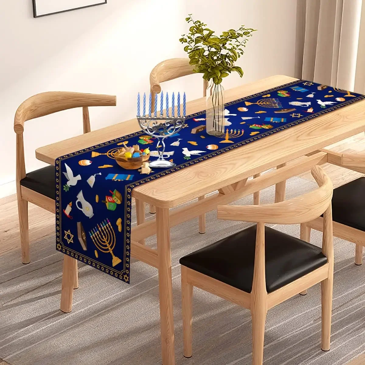 Hanukkah Linen Table Runner Chanukah Menorah Dreidel Star of David Jewish Festival Kitchen Dining Table Runners Home Decoration